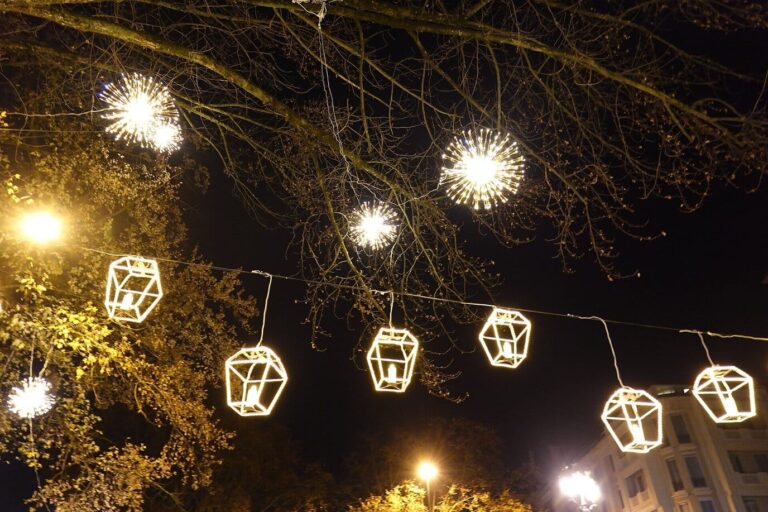 Des lanternes et des boules d’étoiles lumineuses suspendues dans les branches, illuminations de Noël d’Annecy