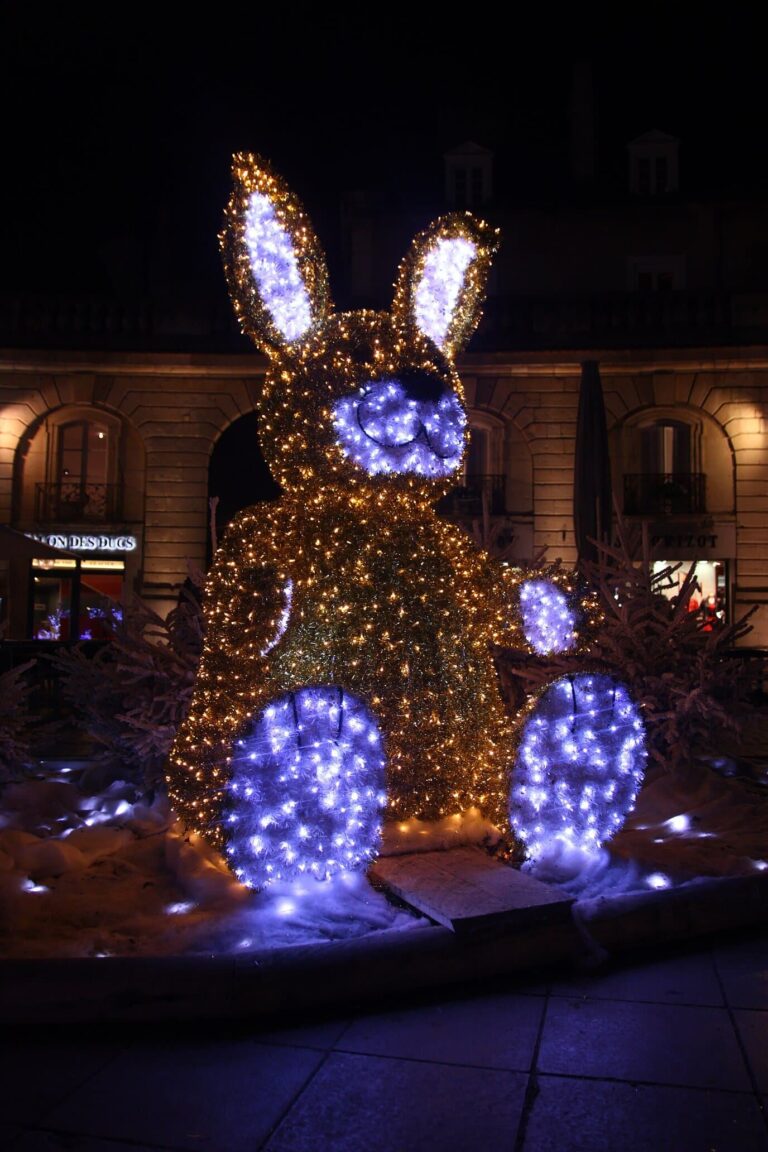 Un lapin lumineux doré et bleu, décor de Noël posé devant les façades éclairées de Dijon