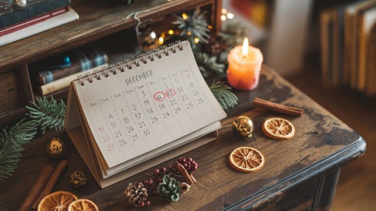 Calendrier vintage de décembre avec dates entourées et décorations de Noël