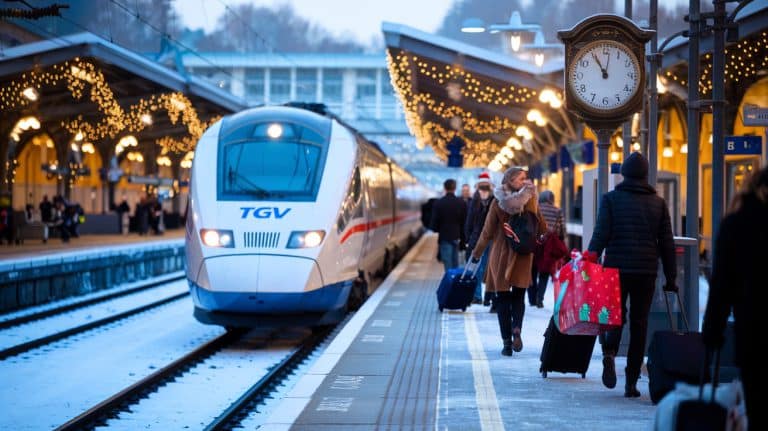 TGV en gare décorée pour Noël, voyageurs avec valises