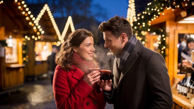 Couple partageant un mug de vin chaud sur un marché de Noël illuminé