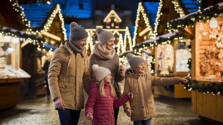 Famille de 4 personnes sur un marché de Noël illuminé, ambiance magique