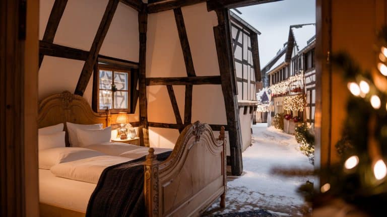 Chambre cosy d'hôtel boutique alsacien à colombages en hiver