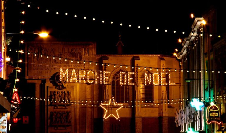 Guirlandes lumineuses formant les mots « Marché de Noël » et une étoile devant le monument aux morts de la place Rihour, de nuit