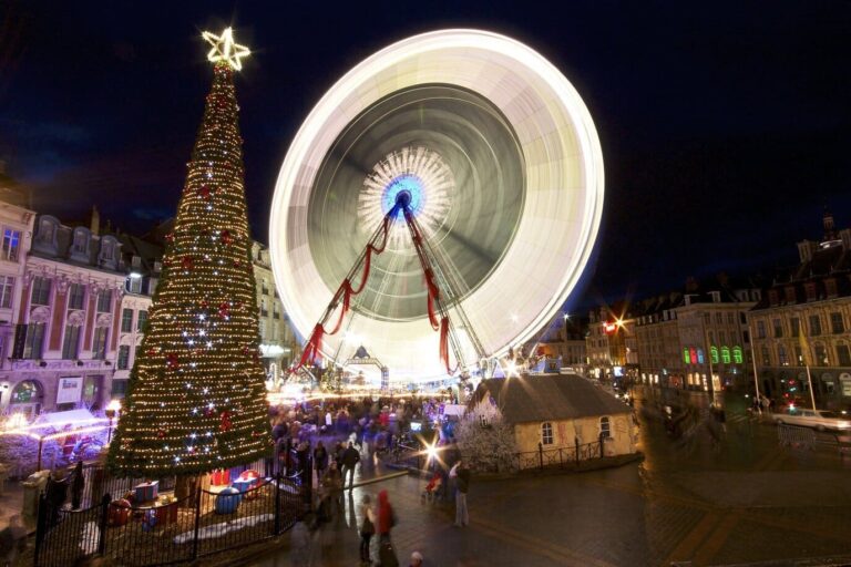 Grand sapin lumineux et grande roue en mouvement sur la Grand-Place de Lille, de nuit