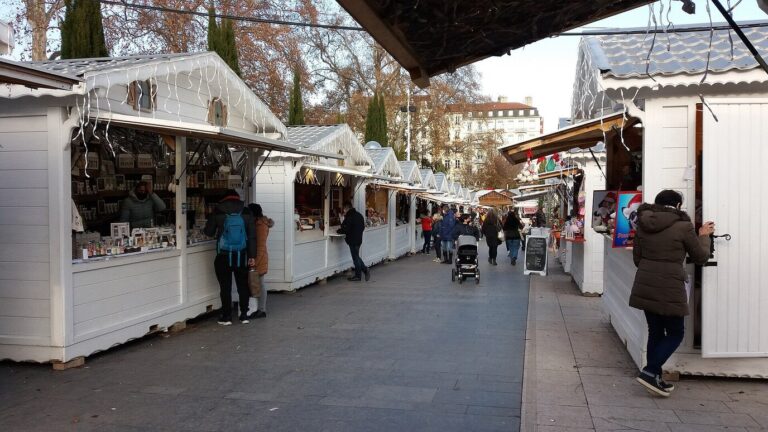 Une allée de chalets blancs ornés de guirlandes de glaçons sur la place Carnot, sous les platanes