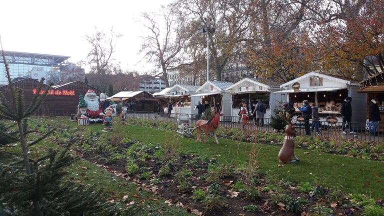 Un Père Noël et des rennes décoratifs sur la pelouse de la place Carnot, devant une rangée de chalets du marché