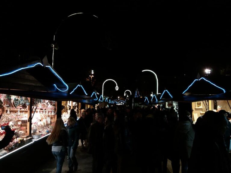 L’allée centrale du marché de la place Carnot de nuit, entre des étals de pain d’épices et des toits soulignés de néons bleus