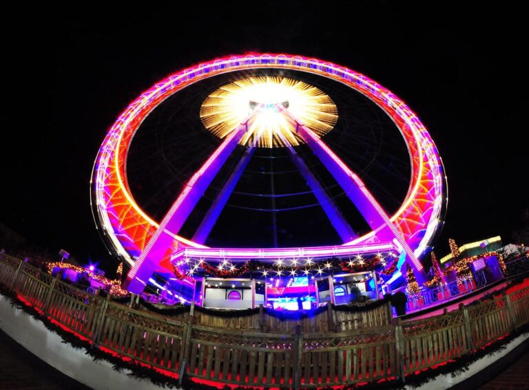 La grande roue de la place de la République illuminée de nuit, en pose longue