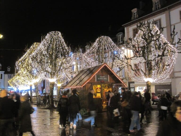 Arbres habillés de guirlandes lumineuses autour de la maison du Père Noël, au milieu des promeneurs