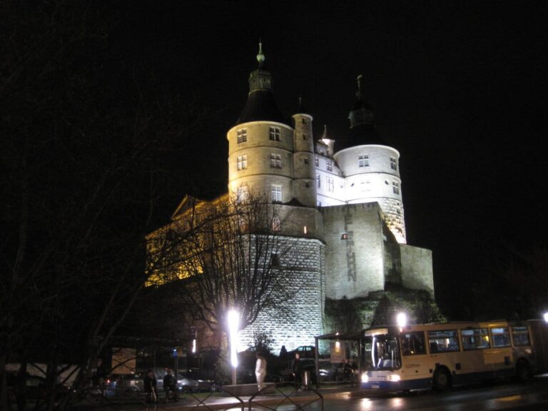 Le château des ducs de Wurtemberg illuminé de nuit, au-dessus de la ville