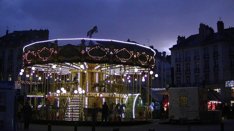 Le carrousel illuminé du marché de Noël de la place Royale, à l’heure bleue