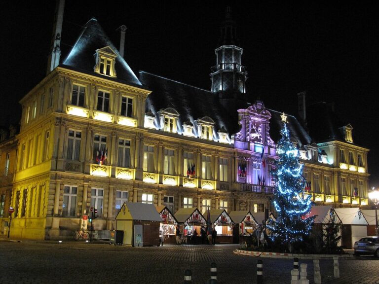 L’hôtel de ville de Reims illuminé de nuit, avec un sapin lumineux bleu et une rangée de chalets du marché de Noël