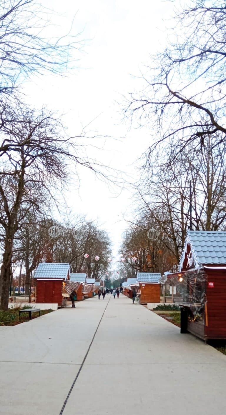 Allée des Hautes Promenades bordée de chalets du marché de Noël, entre les arbres en hiver