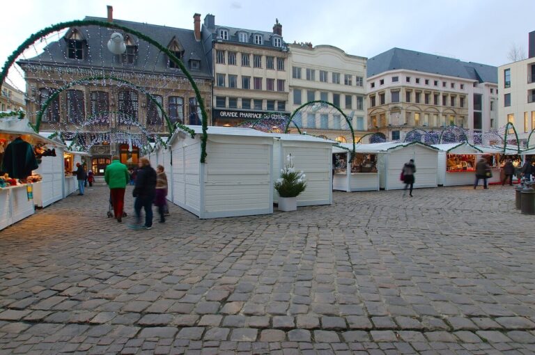 Chalets blancs et arches de sapin du marché de Noël sur la place pavée de la Cathédrale, en journée