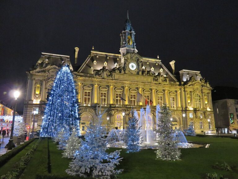 L’hôtel de ville de Tours illuminé un soir d’hiver, avec un sapin bleu et des arbres lumineux blancs devant la façade