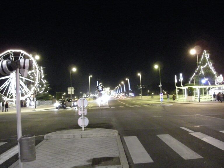 Grande roue et manège éclairés à l’entrée du pont Wilson, au bout de la rue Nationale, de nuit