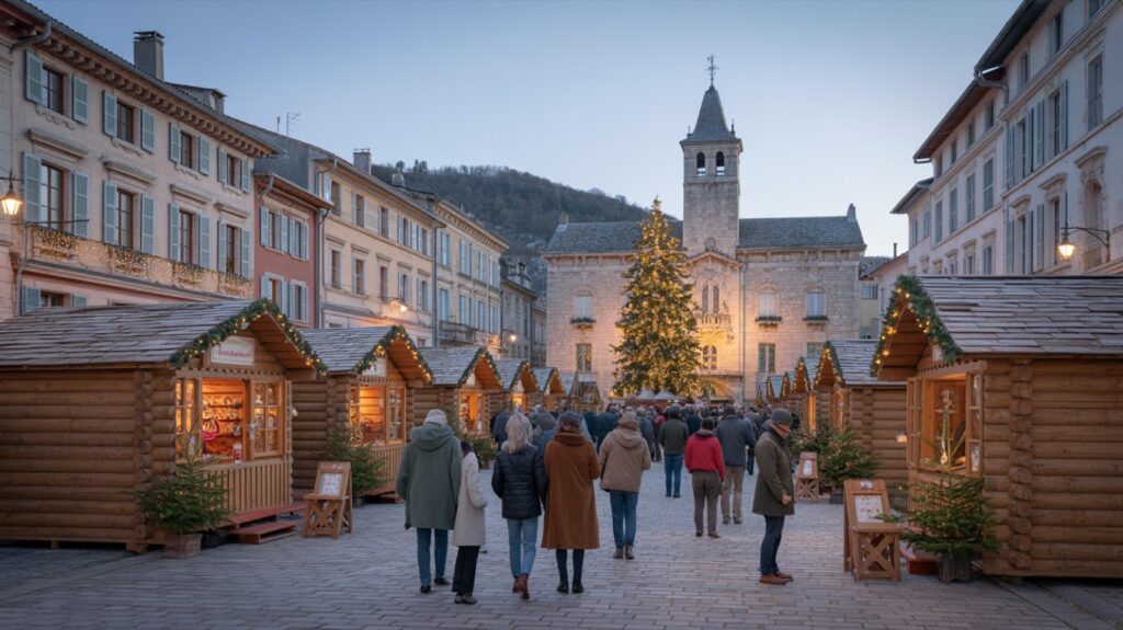 Marché de Noël de Alès, chalets illuminés en soirée