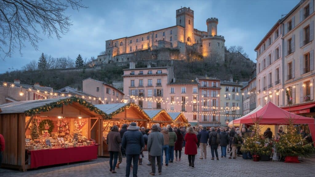 Marché de Noël de Aubenas, chalets illuminés en soirée