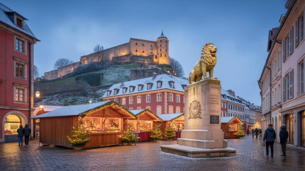 Marché de Noël de Belfort, le Mois Givré, sous le Lion de Bartholdi