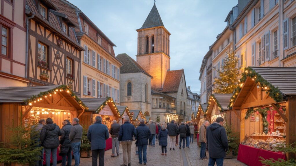 Marché de Noël de Bergerac, chalets illuminés en soirée