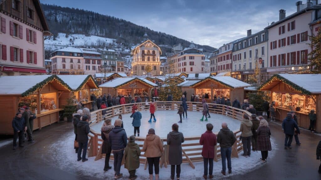 Marché de Noël de Bourgoin-Jallieu, chalets illuminés en soirée
