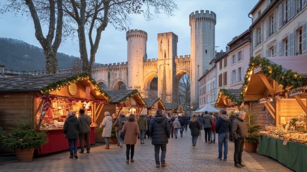 Marché de Noël de Cahors, chalets illuminés en soirée