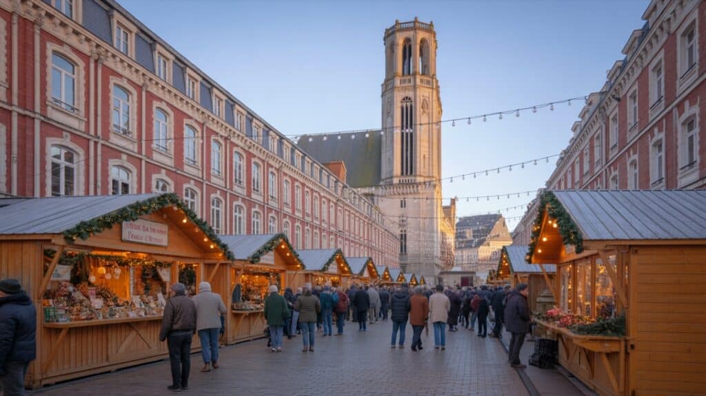 Marché de Noël de Calais, chalets illuminés en soirée