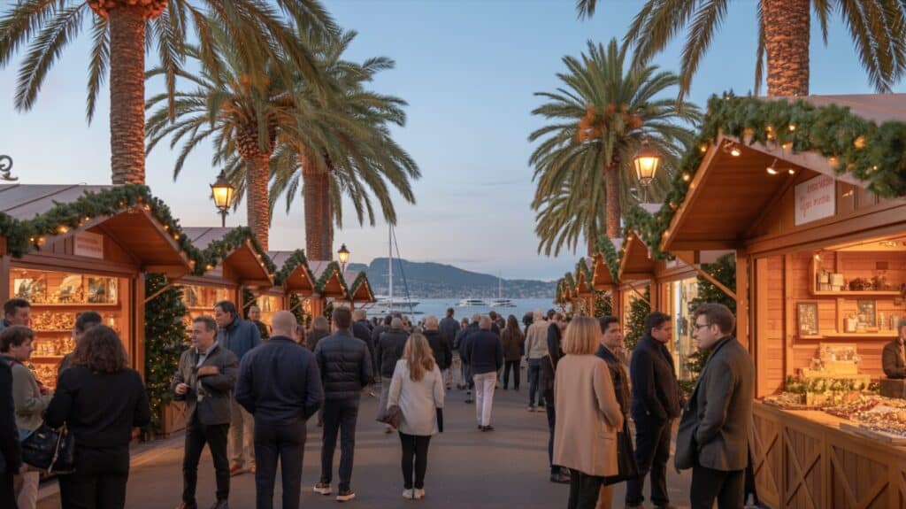 Marché de Noël de Cannes, chalets en bord de mer sur la Croisette