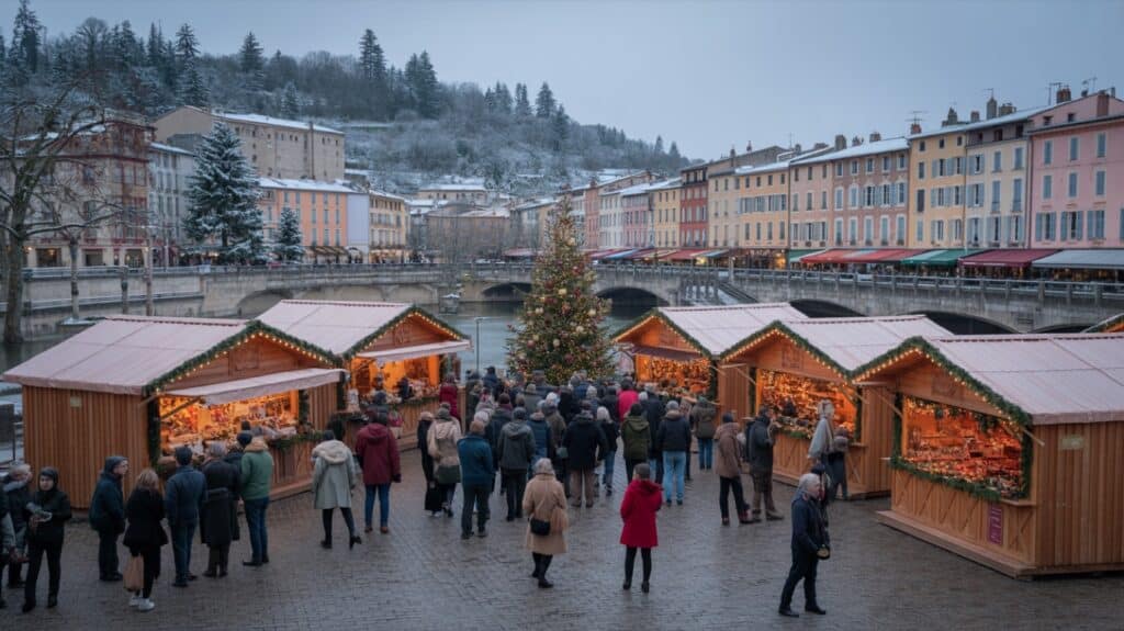 Marché de Noël de Castres, chalets illuminés en soirée