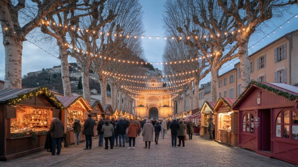 Marché de Noël de Cavaillon, chalets illuminés en soirée