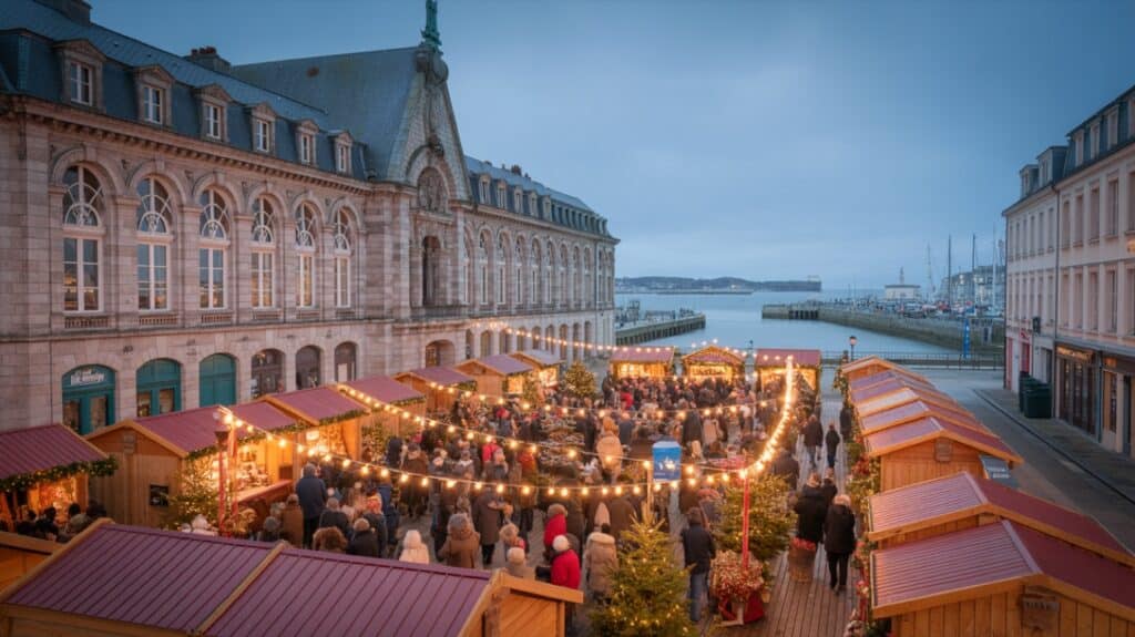Marché de Noël de Cherbourg-en-Cotentin, chalets illuminés en soirée