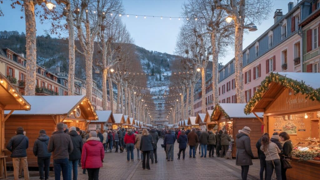 Marché de Noël de Digne-les-Bains, chalets illuminés en soirée