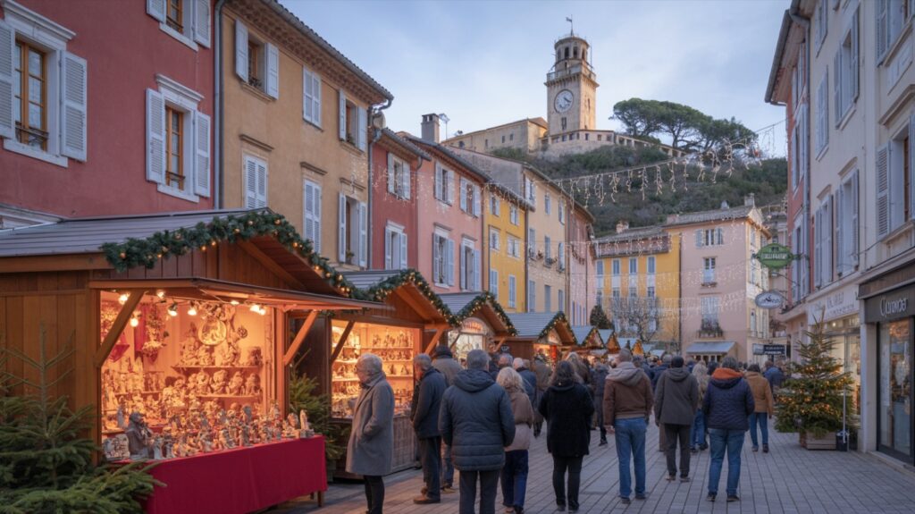 Marché de Noël de Draguignan, chalets illuminés en soirée