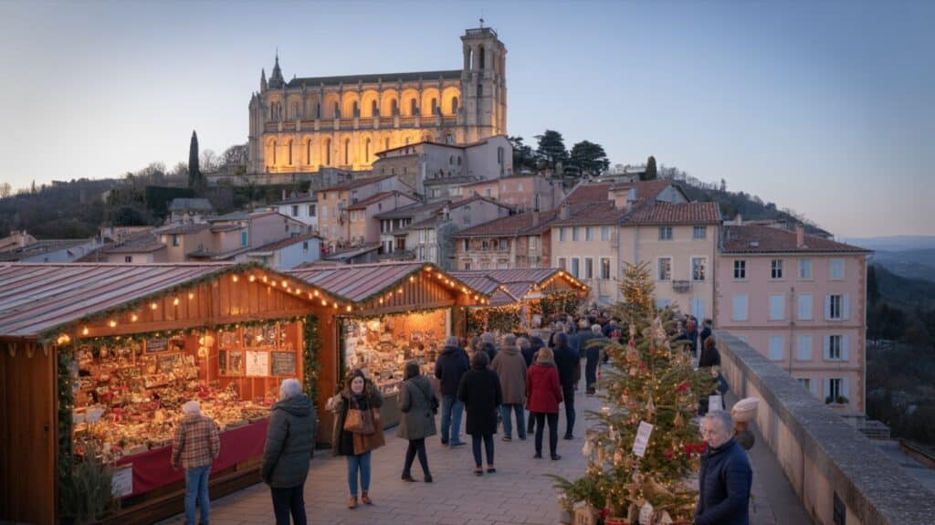 Marché de Noël de Grasse, chalets illuminés en soirée