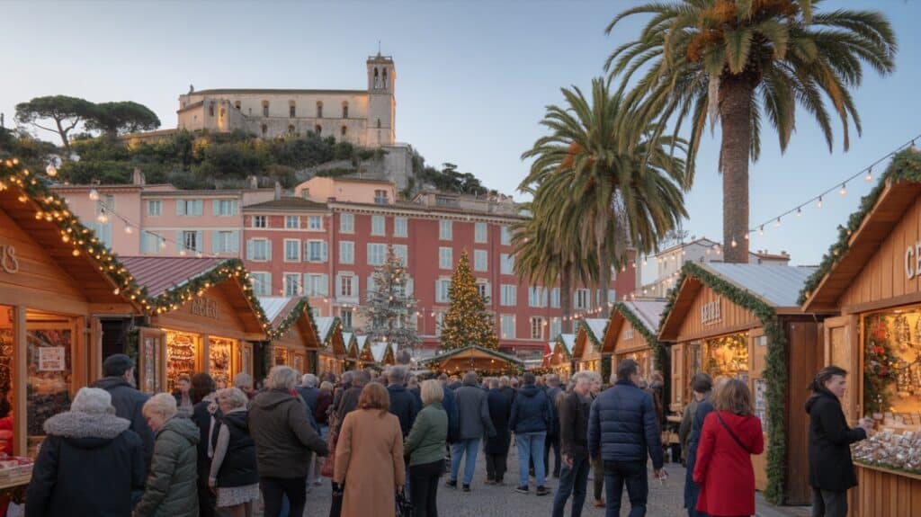 Marché de Noël de Hyères, chalets illuminés en soirée