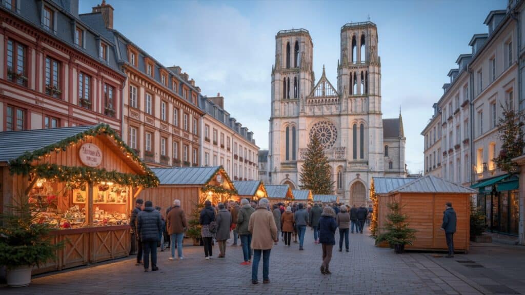Marché de Noël de Lisieux, chalets illuminés en soirée