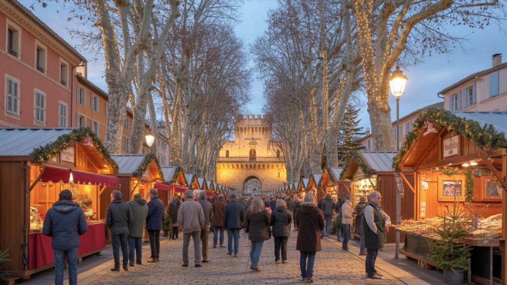 Marché de Noël de Manosque, chalets illuminés en soirée