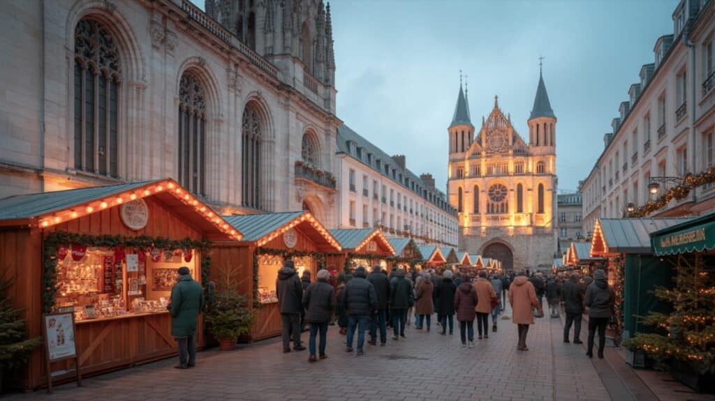Marché de Noël de Meaux, chalets illuminés en soirée
