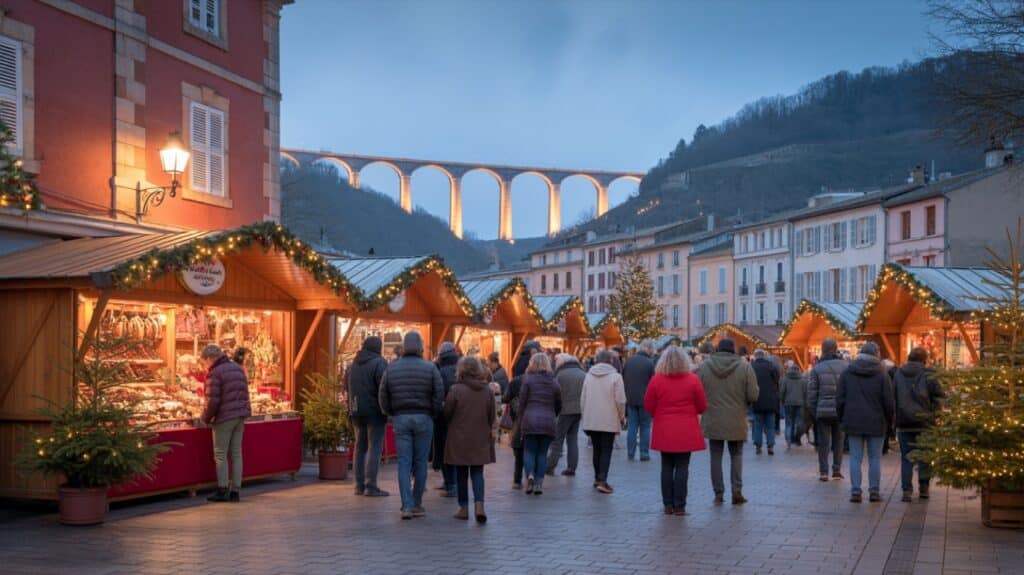 Marché de Noël de Millau, chalets illuminés en soirée