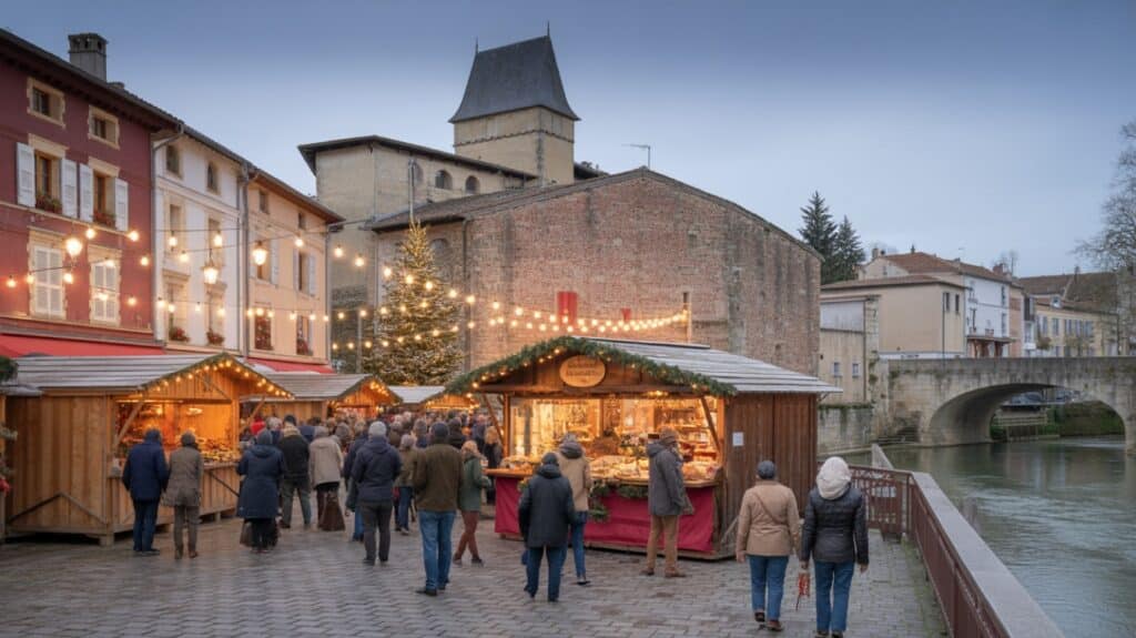 Marché de Noël de Mont-de-Marsan, chalets illuminés en soirée