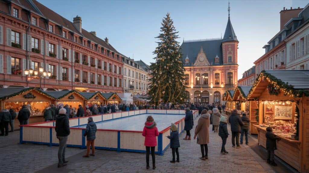 Marché de Noël de Roanne, chalets illuminés en soirée