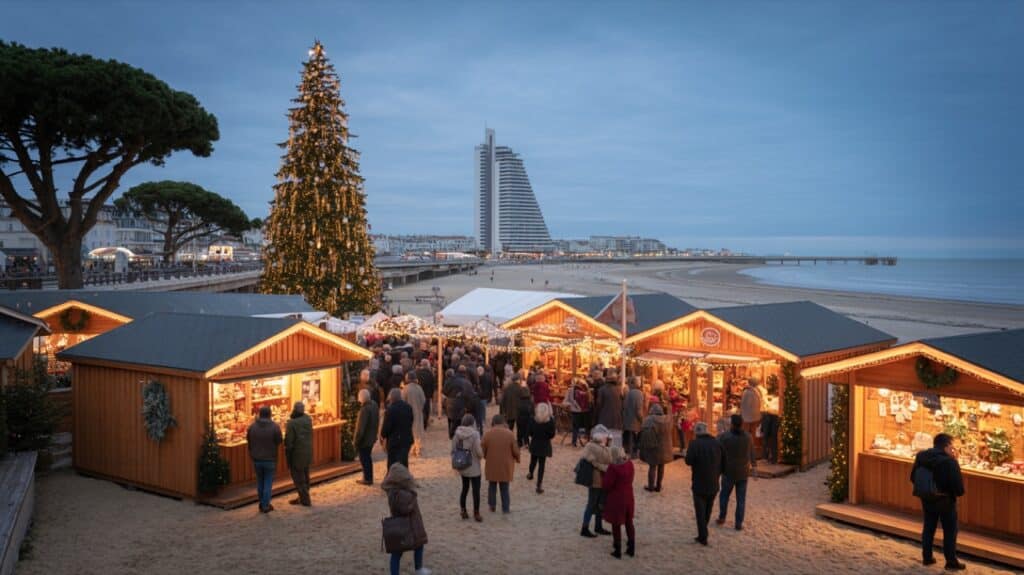 Marché de Noël de Royan, chalets illuminés en soirée