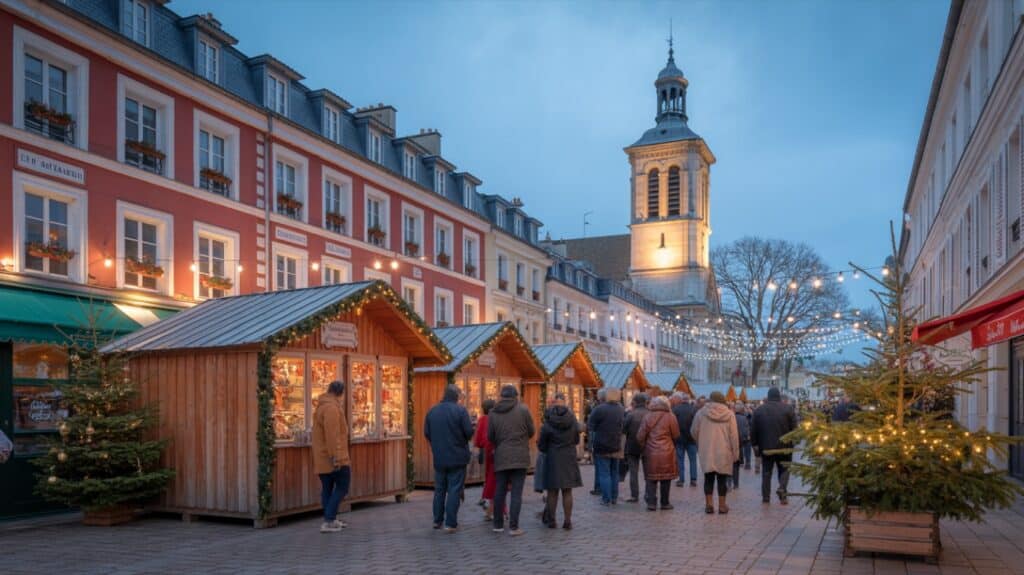 Marché de Noël de Rueil-Malmaison, chalets illuminés en soirée