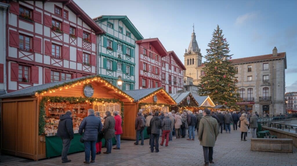 Marché de Noël de Saint-Jean-de-Luz, chalets illuminés en soirée