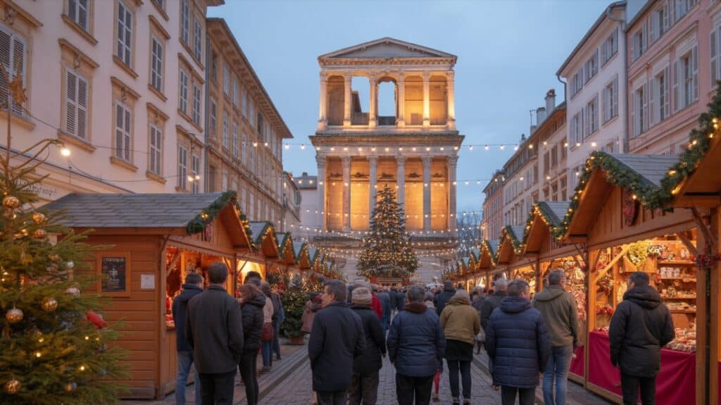 Marché de Noël de Vienne, chalets illuminés en soirée