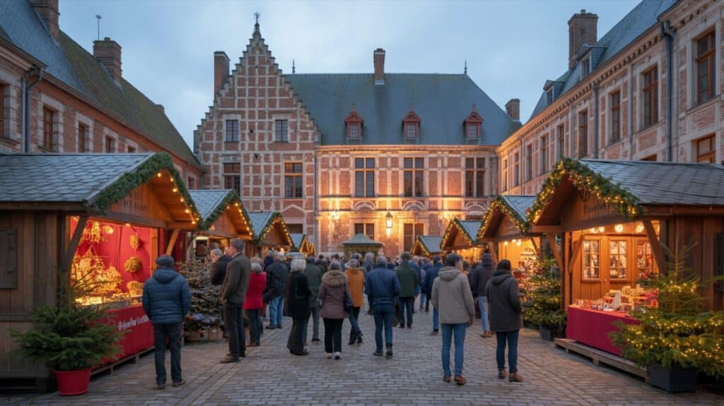 Marché de Noël de Villeneuve-d’Ascq, chalets illuminés en soirée