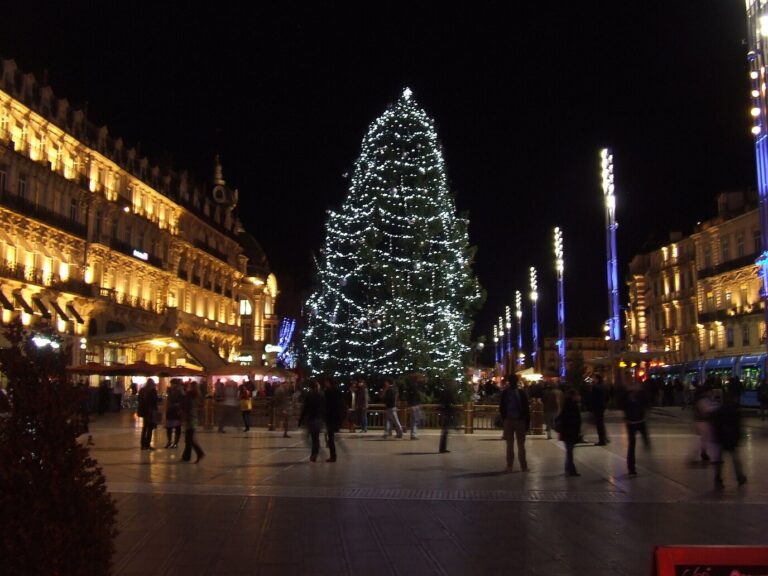 Grand sapin illuminé sur la place de la Comédie, entre les façades éclairées et les promeneurs, de nuit