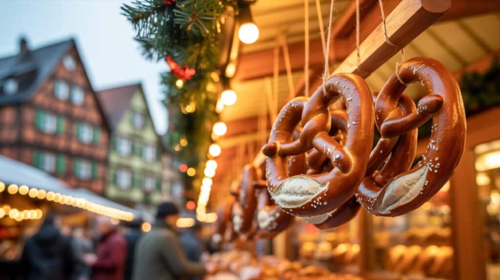 Bretzels frais suspendus sur un stand de marché de Noël