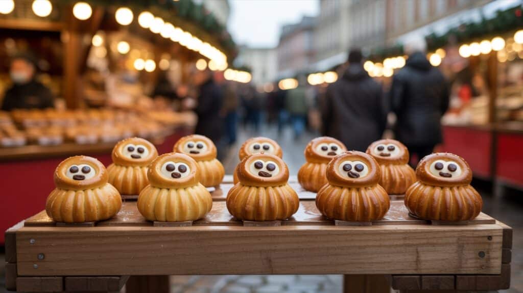 Manala, petits bonshommes briochés de la Saint-Nicolas sur un marché de Noël alsacien